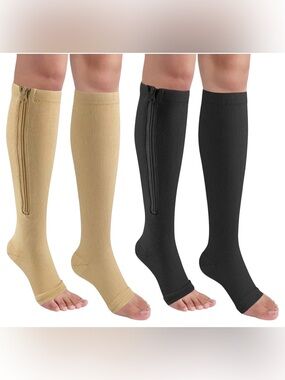 Back-Zip Compression Calf Socks — Black & Beige
